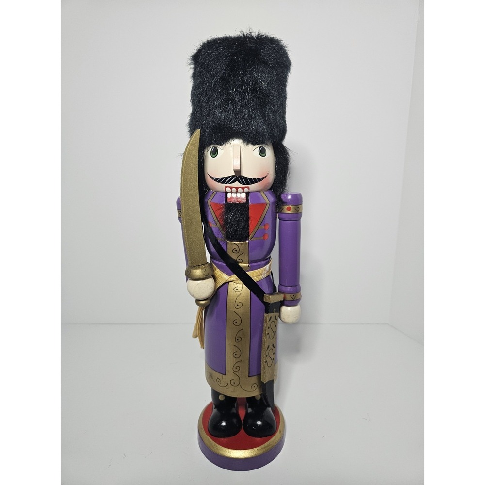 Vintage Wooden Nutcracker Guard Royal Soldier Purple Gold Scabbard Sword Fur Hat